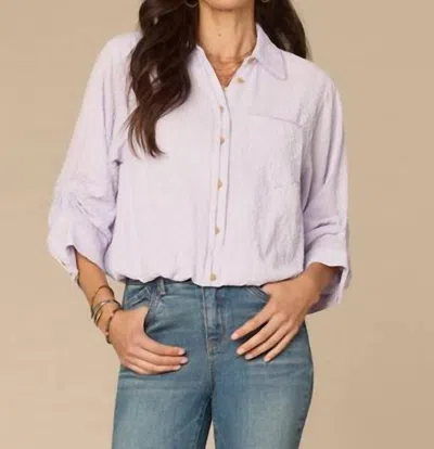 Democracy Tucked Sleeve Smocked Button Down Bubble Hem Splice Stripe Woven Shirt In Frosted Iris In Purple