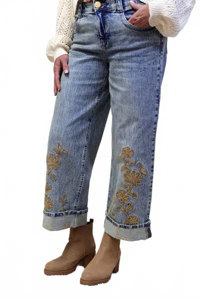 Democracy Wide Leg Ab Solution Embroidered Jeans In Denim In Blue