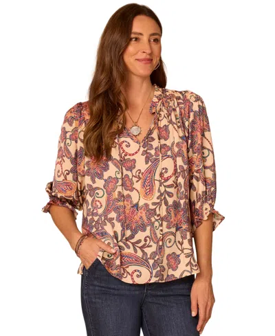 Democracy Women's 3/4 Sleeve Paisley-print Split-neck Blouse In Multi