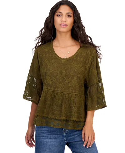 Democracy Women's 3/4-length Bell Sleeves Scoop Neck Lace Blouse In Green