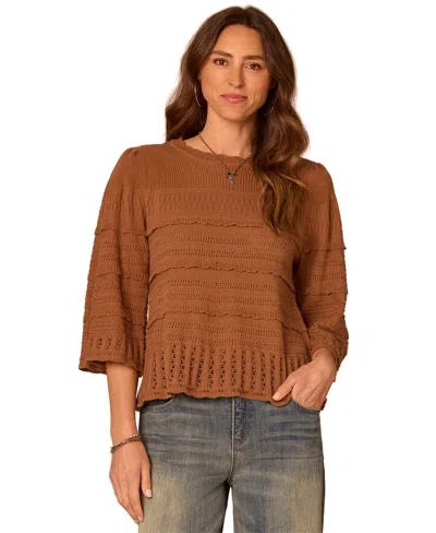 Democracy Women's 3/4-length Sleeve Stitch Mix Sweater In Brown