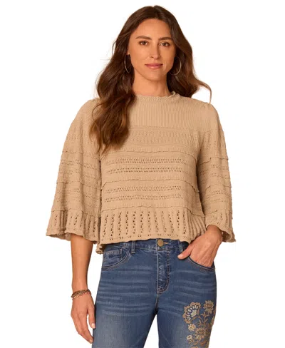 Democracy Women's 3/4-length Sleeve Stitch Mix Sweater In Brown