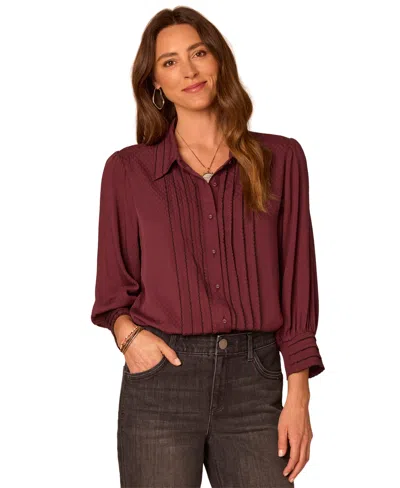 Democracy Women's 3/4-sleeve Button Down Bubble Hem Blouse In Brown