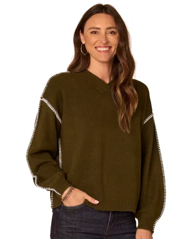 Democracy Women's Blanket-stitch Embroidered V-neck Blouson-sleeve Sweater In Brown