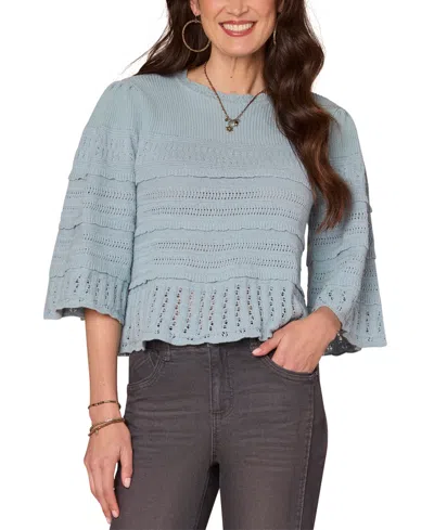Democracy Women's Cotton Round-neck Bell-sleeve Sweater In Blue