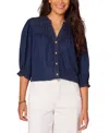 Democracy Petite Elbow-sleeve Button-front Shirt In In Indigo