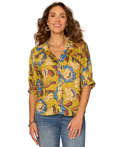 Democracy Women's Elbow-sleeve Printed Collared Top In Gold