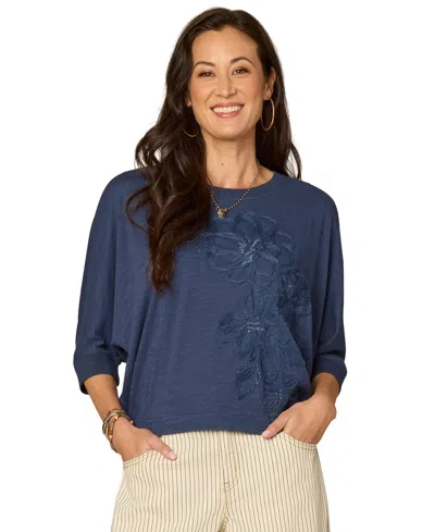 Democracy Women's Embroidered Crew Neck Top In Blue