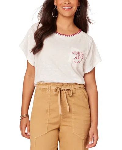 Democracy Women's Embroidered-pocket Short-sleeve T-shirt In Off White-