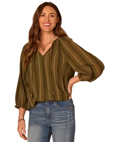 Democracy Women's Embroidered V-neck Knit Top In Laurel Oak,blue Shadow