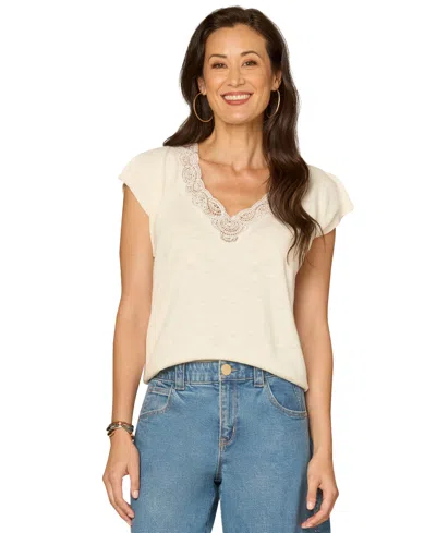 Democracy Women's Embroidered-lace Short-split-sleeve Sweater In Neutral