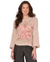 Democracy Women's Floral Embroidered Round Neck Sweater In Brown