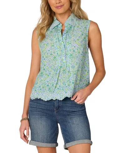 Democracy Women's Floral-print Embroidered Top In Blue
