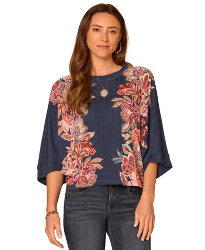Democracy Women's Floral-print 3/4 Dolman Sleeve Scoop Neck Blouse In Blue