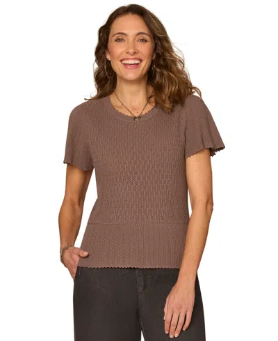 Democracy Women's Flounce Short-sleeve Crochet Top In Gray