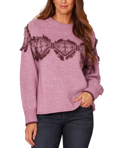 Democracy Women's Jacquard Knit Fringe Sweater In Heather Ma