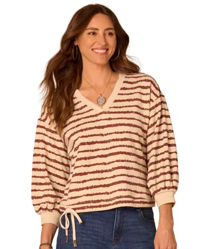 Democracy Women's Jacquard V-neck Blouson-sleeve Top In Birch,burnt Henna