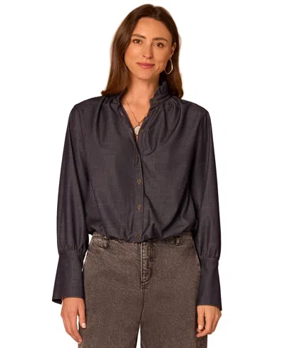 Democracy Women's Long French Cuff Ruffle Neck Denim Blouse In Black