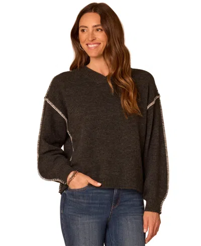 Democracy Women's Long-sleeve Blanket Stitch Embroidery V-neck Sweater In Heather Charcoal,ivory
