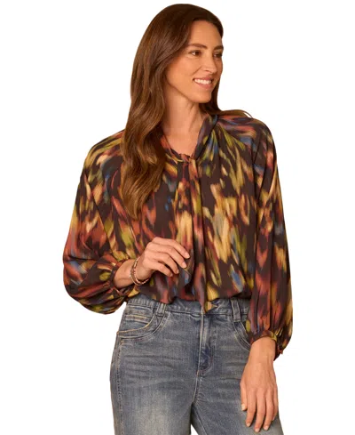 Democracy Women's Long-sleeve Split-collar Self-tie Print Blouse In Multi