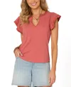 Democracy Petite Flutter-sleeve Split-neck Top In Pink