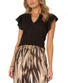 Democracy Petite Flutter-sleeve Split-neck Top In Black