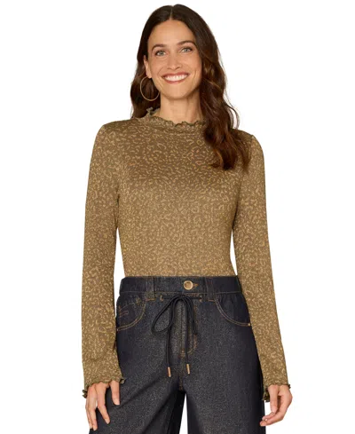 Democracy Women's Mock Neck Long Bell Sleeve Animal Print Blouse In Brown