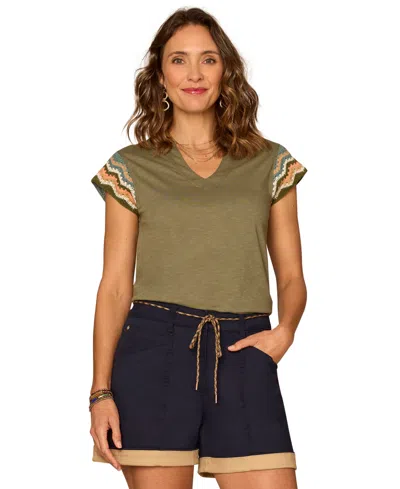 Democracy Women's Notched V-neck Short-sleeve Top In Green