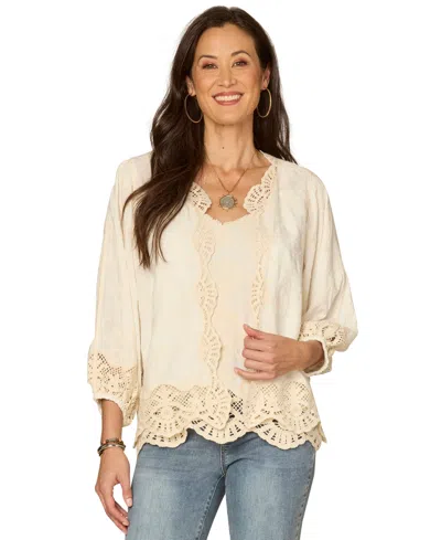 Democracy Women's Open-front Crochet Framing Crop Jacket In Nude