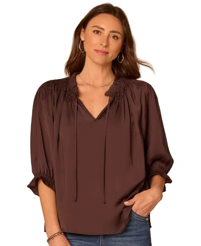 Democracy Women's Petite 3/4-sleeve Split-neck Honeycomb-embroidered Blouse In Brown