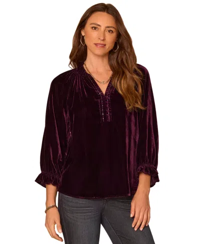 Democracy Women's Petite 3/4-sleeve Velvet Split-neck Blouse In Burgundy
