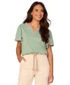 Democracy Women's Petite Crochet Split V-neck Top In Green