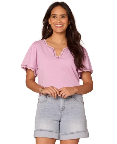 Democracy Women's Petite Crochet Split V-neck Top In Pink