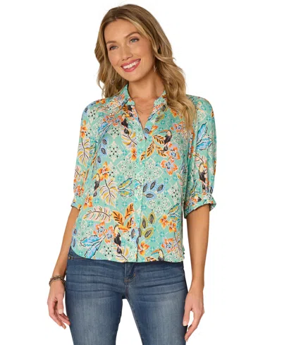 Democracy Women's Petite Printed Ruffle Edge Collar Top