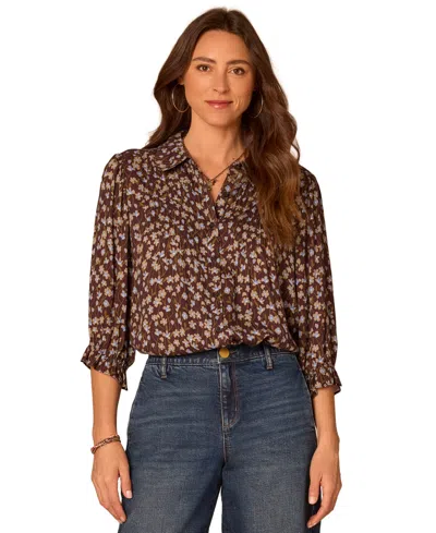 Democracy Women's Printed Scallop-edge Collared Woven Top In Coffee Bean,blue Multi