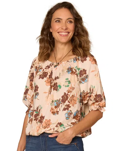 Democracy Women's Printed Scoop Neck Woven Top In Blush,airy Blue Multi