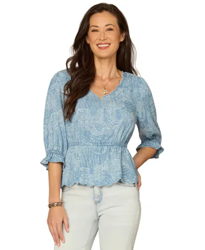 Democracy Women's Scallop Edge Woven Top In Blue