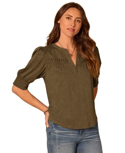 Democracy Women's Smocked Pintuck Knit Mandarin Collar Top In Heather Celadon