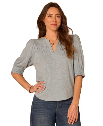 Democracy Women's Smocked Pintuck Knit Mandarin Collar Top In Heather Nile Blue