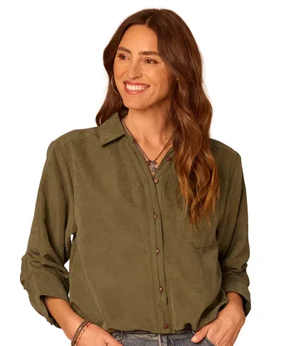 Democracy Women's Spread-collar Button-front Top In Forest Moss