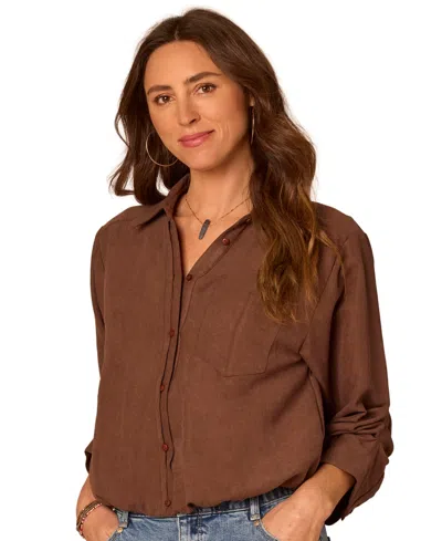 Democracy Women's Spread-collar Button-front Top In Light Coffee Bean