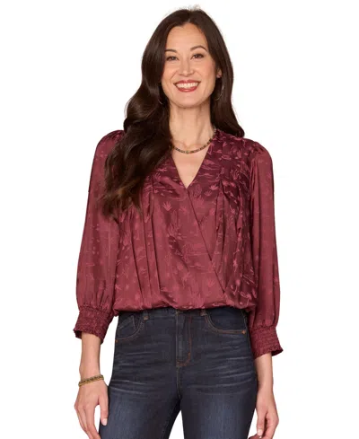 Democracy Women's V-neck Long Sleeve Top In Burgundy
