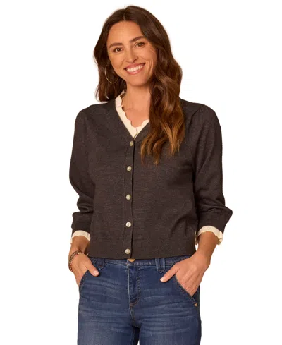Democracy Women's V-neck Contrast Scallop-edge Sweater Cardigan In Charcoal