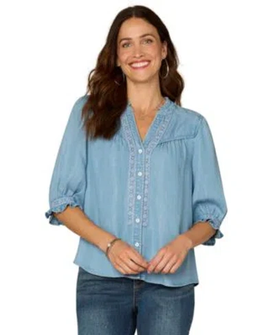 Democracy Womens Cinched Band Sleeve Collared Shirt In Blue