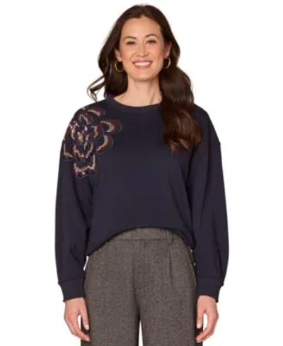 Democracy Womens Long Sleeve Beaded Crewneck Sweatshirt In Blue