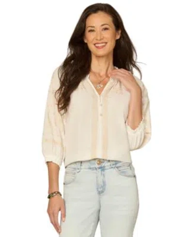 Democracy Womens Mixed Media Embroidered Top In Neutral