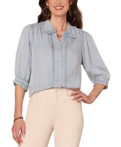 Democracy Womens Ruffle Trim Collar Button Front Top Ps Xl In Blue
