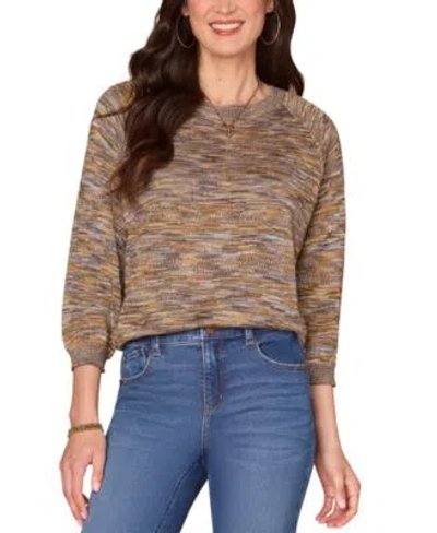 Democracy Womens Space Dye Round Neck Blouson Sleeve Sweater In Multi
