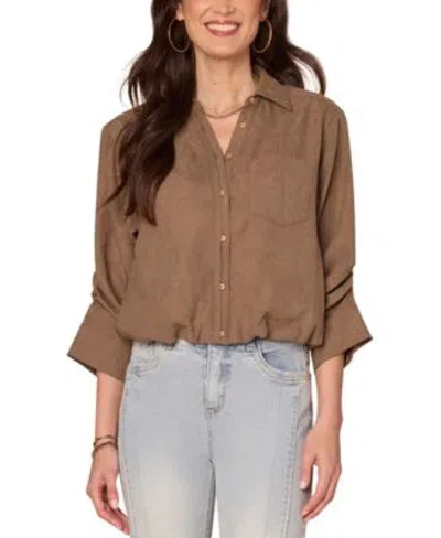 Democracy Womens Spread Collar Button Front Top Ps Xl In Forest Moss