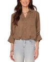 Democracy Womens Spread Collar Button Front Top Ps Xl In Brown